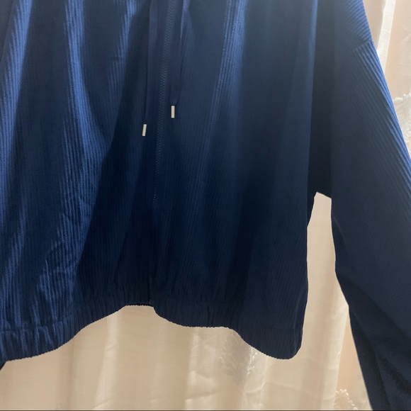 Navy Blue Cropped Drop Shoulder Drawstring Corduroy Jacket with Hood NWOT - Picture 8 of 16